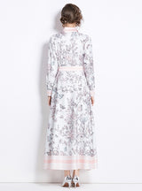 Retro Printed Lapel Long Sleeve Dress