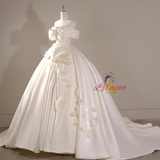 Ivory White Satin 3D Flower Wedding Dress