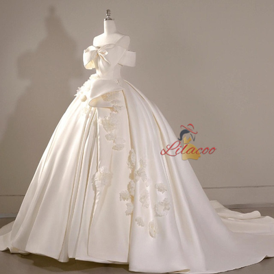 Ivory White Satin 3D Flower Wedding Dress