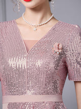 Pink Sequins V-neck Mother Of The Bride Dress