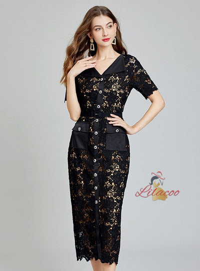 Sexy V-neck Lace Openwork Long Dress