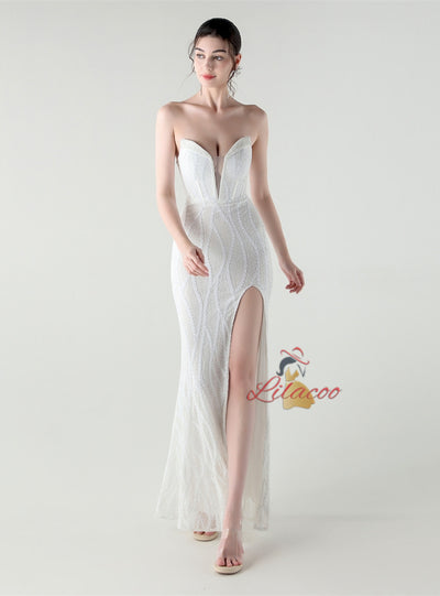 Mermaid Sequins Strapless Split Beading Prom Dress