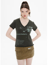 Retro Printed V-neck Short Sleeve T-shirt