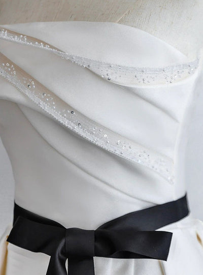 Beige Satin Strapless Pleats Wedding Dress