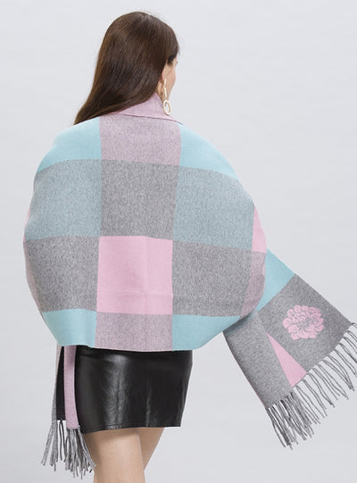 Plaid Fringed Knit Cardigan Shawl Coat