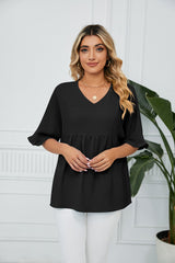 Solid Color V-neck Loose Stitching Chiffon Top