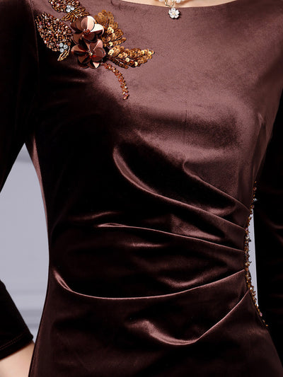 Burgundy Velvet Sequins Mother Of The Bride Dress