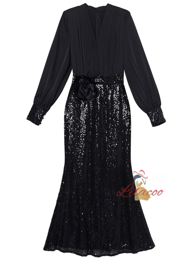 Long Sleeve V-neck Sequins Mother Of The Bride Dress