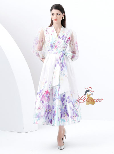 Lantern Sleeves Elegant Swing Print Dress
