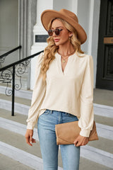 Solid Color V-neck Jacquard Long Sleeve T-shirt