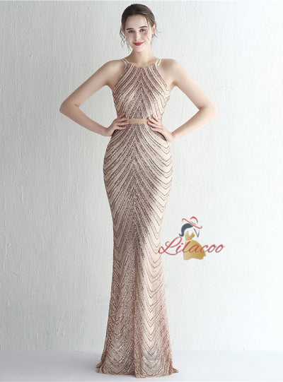 Halter Mermaid Sequins Prom Dress