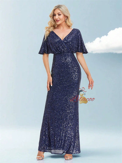 Short-sleeved V-neck Sequins Evening Dress