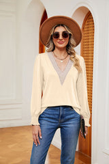 V-neck Lace Stitching Loose Long Sleeve T-shirt