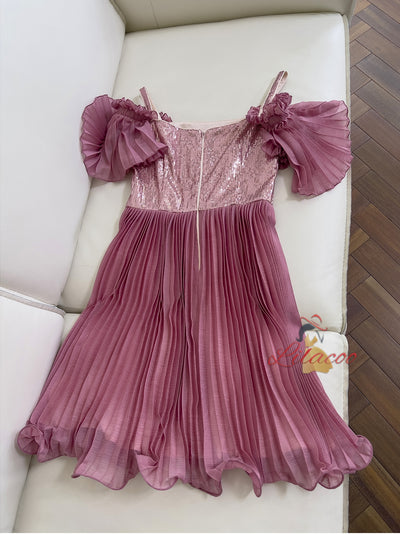 Rose Red Bubble Sleeve Sequins Dress