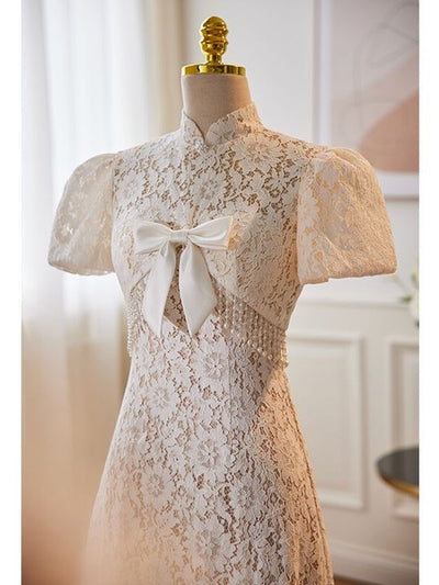 Lace Backless Tea Length Wedding Dress