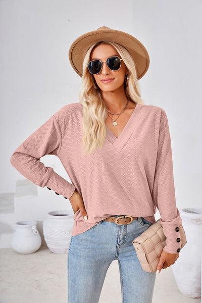 V-neck Jacquard Button Loose T-shirt