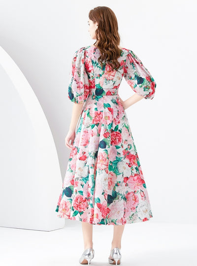 Palace Bubble Sleeve Print Long Dress