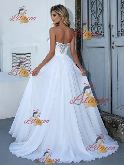 White Chiffon Strapless Wedding Dress