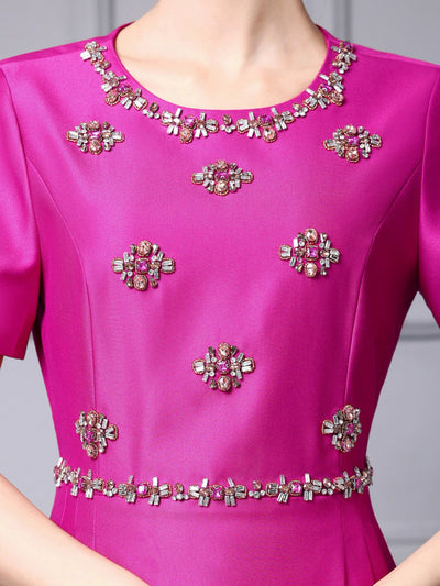 Fuchsia Satin Beading Crystal Mother Of The Bride Dress