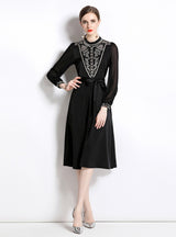 Embroidered Perspective Bubble Sleeve Belt Dress