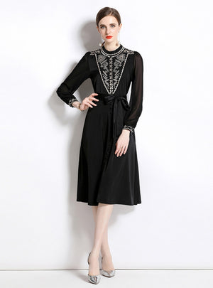Embroidered Perspective Bubble Sleeve Belt Dress