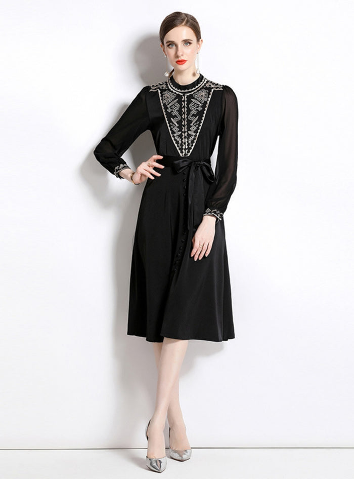Embroidered Perspective Bubble Sleeve Belt Dress