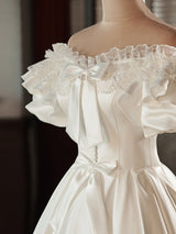 White Satin Lace Puff Sleeve Bow Wedding Dress