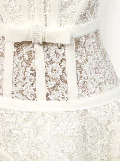 White Lace Strapless Pearls Homecoming Dress