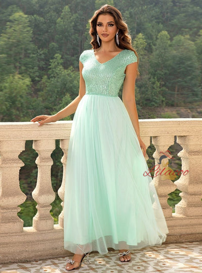 Contrast Sequined Mesh V-neck Dress