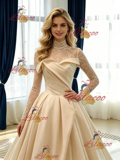 Champagne Satin Long Sleeve Pleats Lace Wedidng Dress