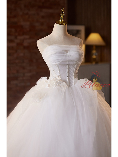 White Tulle Strapless Beading Flower Wedding Dress