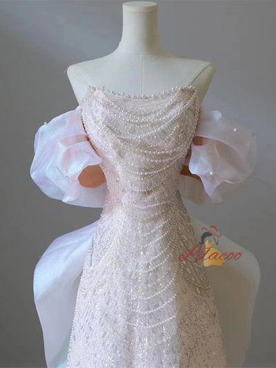 Pink Sequins Pearls Prom Dress