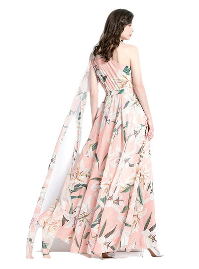 One-shoulder Holiday Printed Long Dress