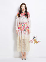 Printed Lantern Sleeve Printed Shirt+Lace Skirt Two-piece Suit