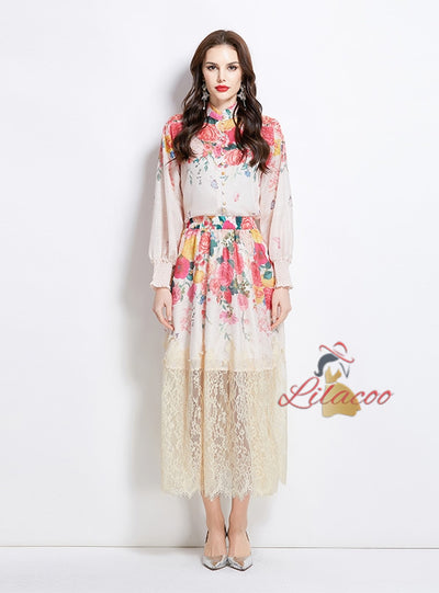 Printed Lantern Sleeve Printed Shirt+Lace Skirt Two-piece Suit