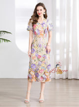 V-neck Bubble Sleeve Slim Three-dimensional Flower Dress