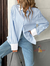Long Sleeve Striped Stitching Shirt
