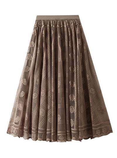 Women Pleated Mesh Lace Skirt