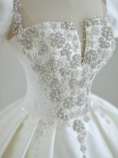 White Satin Puff Sleeve Beading Wedding Dress