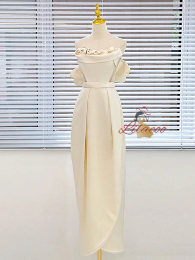 Ivory Satin Strapless Flower Wedding Dress