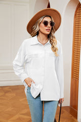 Solid Color Lapel Button Pocket Long Sleeve Shirt