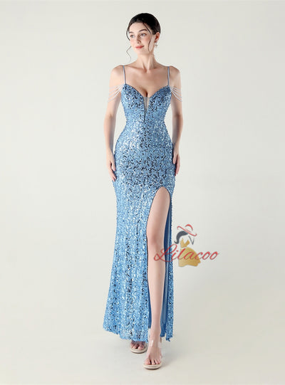 Mermaid Sequins Spaghetti Straps Beading Prom Dress