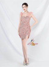 Short Sequins Straps Feather Prom Dress