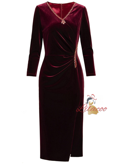 Burgundy Velvet Beading Mother Of The Bride Dress