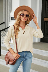 V-neck Button Loose Long Sleeve T-shirt
