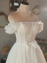 White Hi Lo Tulle Off the Shoulder Bow Wedding Dress