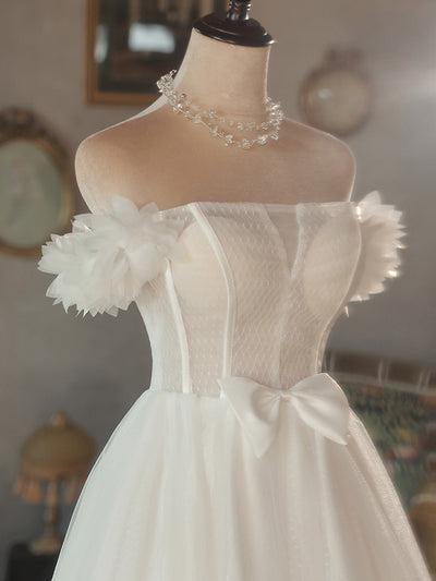 White Hi Lo Tulle Off the Shoulder Bow Wedding Dress