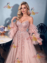 Pink Tulle Sequins Long Sleeve Prom Dress