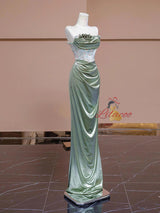 Green Mermaid Strapless Pleats Prom Dress