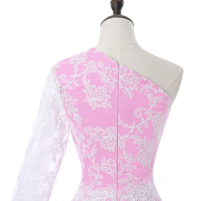 Pink Satin Lace One Shoulder Homecoming Dress